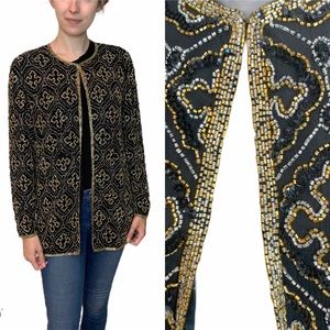 Stenay Evening Jacket Black and Gold Beaded Open Cardigan Top 80’s